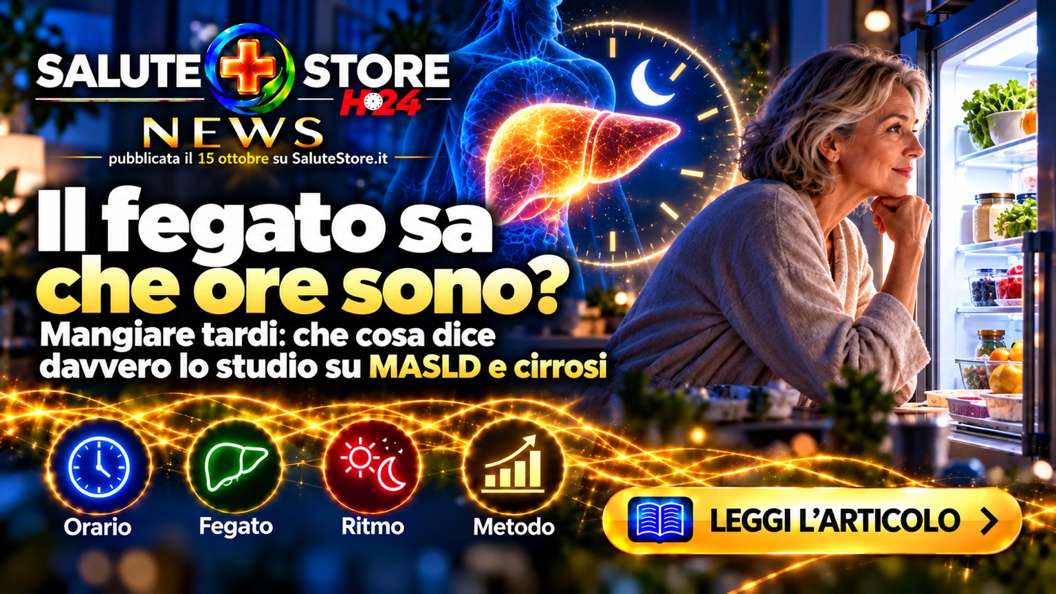 Persona davanti al frigorifero aperto di notte con rappresentazione editoriale del fegato e di un orologio circadiano, per una News sul rapporto tra orario dei pasti e salute epatica.