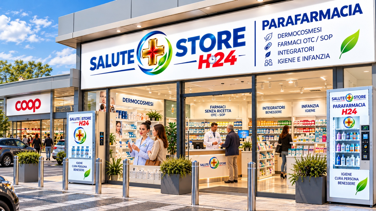 Concept illustrativo diurno SALUTE+STORE™ PARAFARMACIA in un retail park italiano, con Coop sullo sfondo, Benedetta nel reparto dermocosmesi, farmacista al banco e distributori H24 per prodotti non medicinali