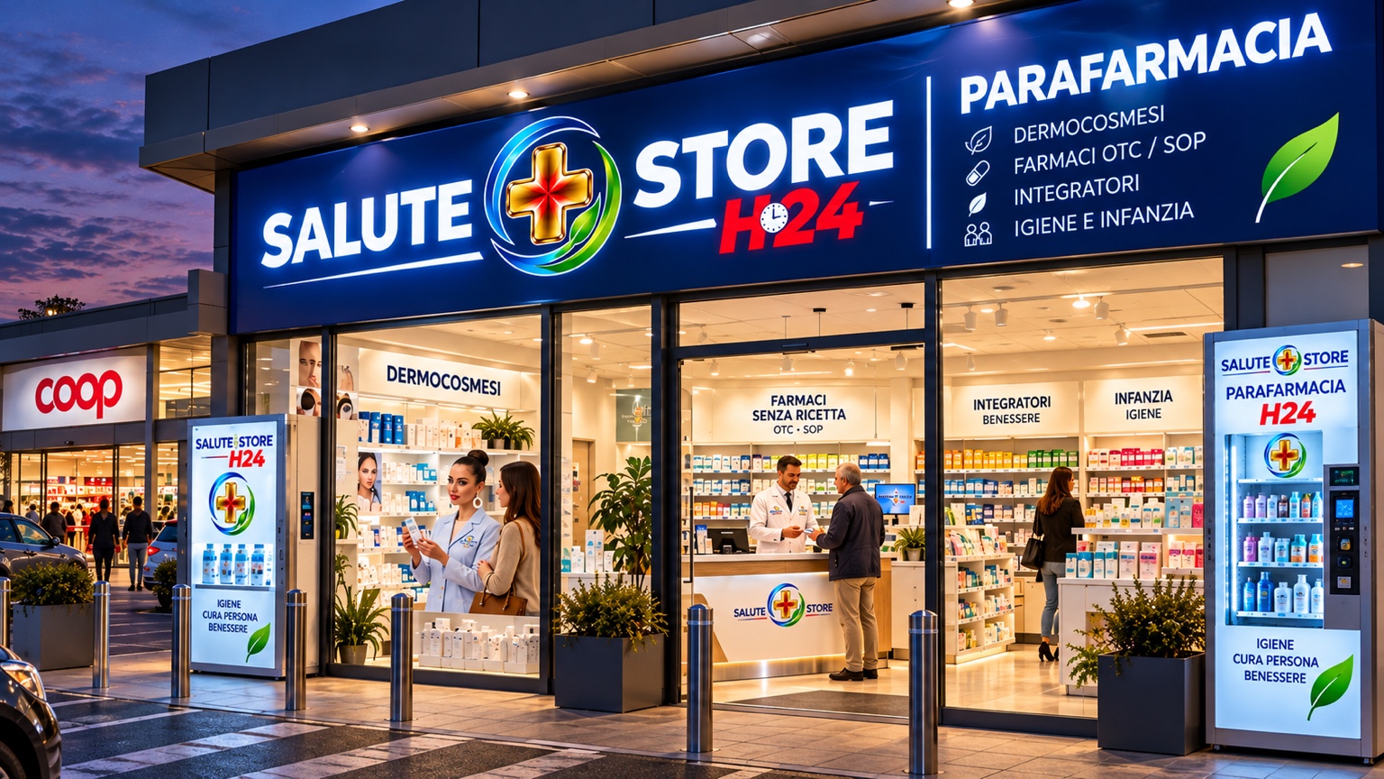 Concept illustrativo crepuscolare SALUTE+STORE™ PARAFARMACIA in un retail park italiano, con insegna blu illuminata, Coop sullo sfondo, Benedetta nel reparto dermocosmesi, farmacista al banco e distributori H24 per prodotti non medicinali